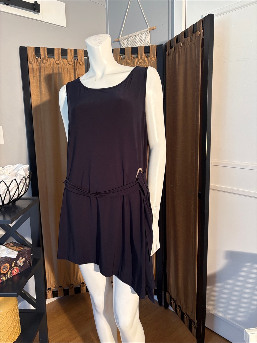 Sleeveless Asymmetric Navy Tunic with Side Drape from Frank Lyman